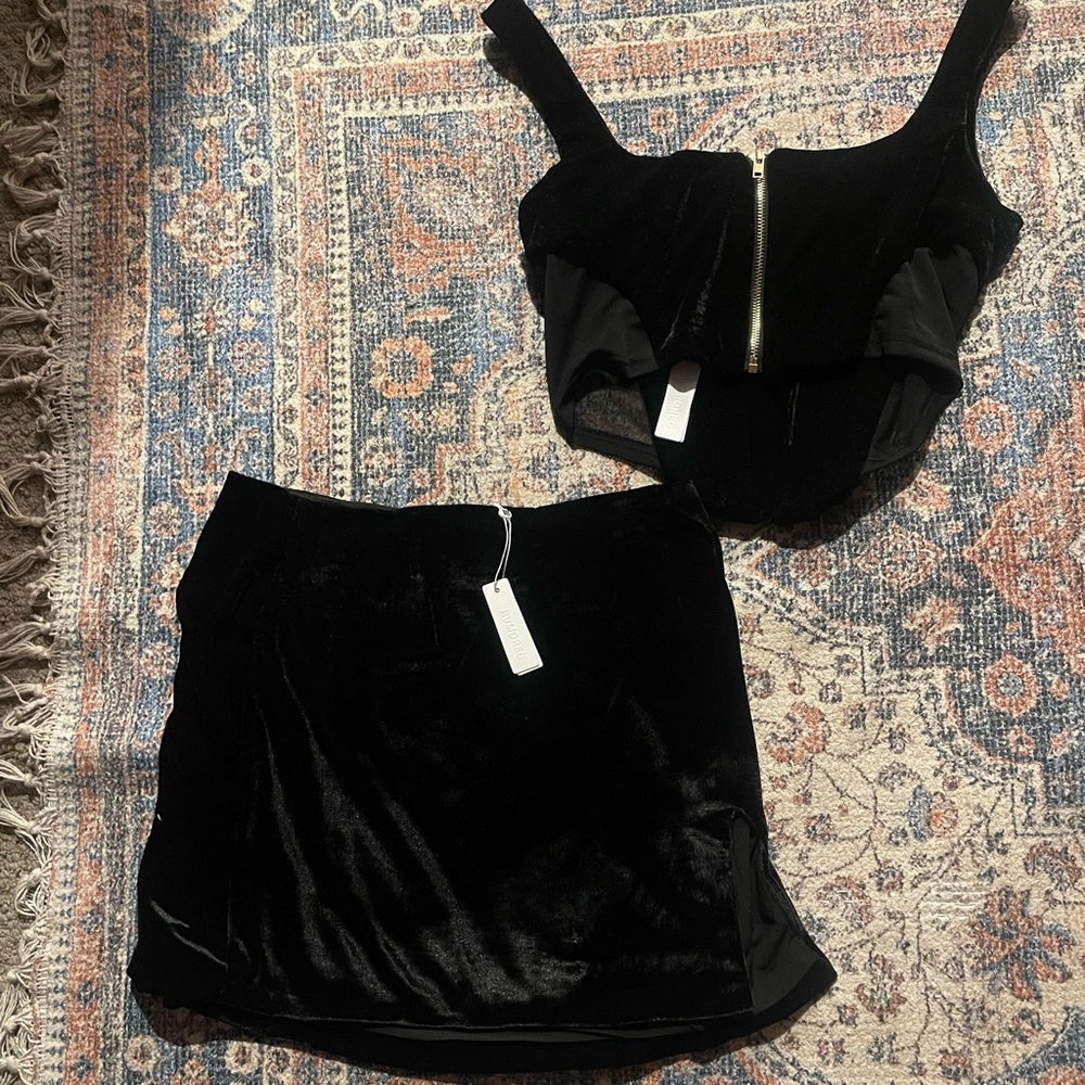Rumored Black Velvet Mesh Corset Crop Top Boning Zipper Gothic Princess & Skirt